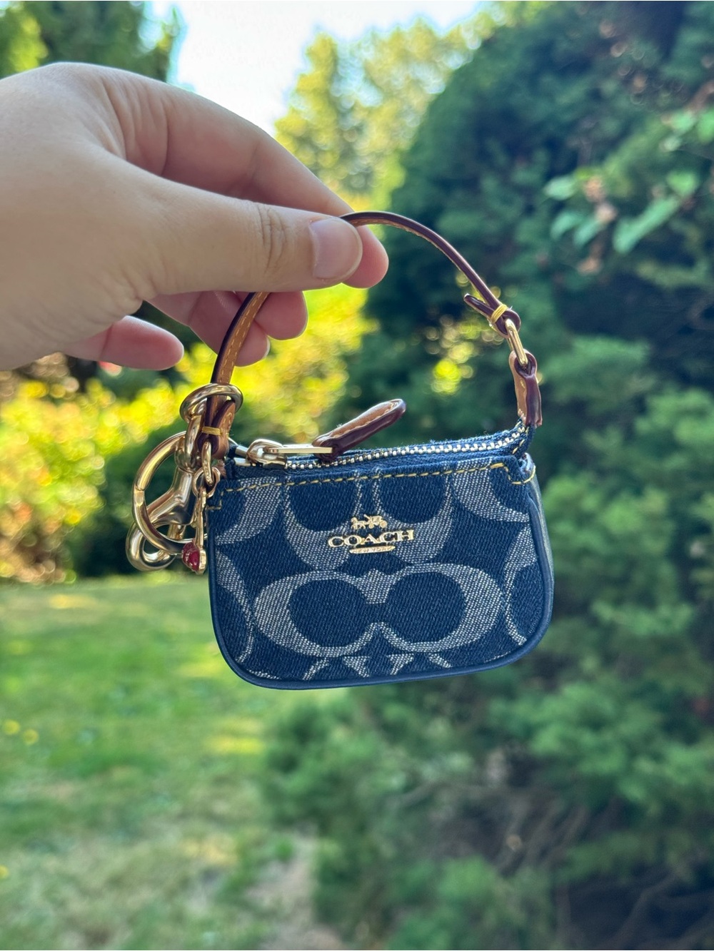 Coach Mini Nolita Bag Charm in Signature Denim with mini cherry charm
